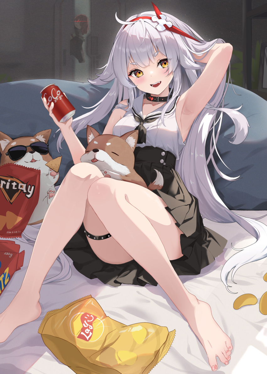 1girl absurdres ahoge alternate_costume animal arm_behind_head arm_up armpits bare_arms bare_legs bare_shoulders barefoot black_choker black_skirt brand_name_imitation breasts can chips_(food) choker coca-cola cola collared_shirt convenient_leg dog doritos feet fenrir_(tower_of_fantasy) food hairband hand_in_own_hair hand_up high-waist_skirt highres holding holding_can lay's long_hair looking_at_viewer miaohik miniskirt neckerchief open_mouth pleated_skirt potato_chips ritz_crackers shirt skirt sleeveless sleeveless_shirt small_breasts smile solo thick_eyebrows thigh_strap thighs toes tower_of_fantasy white_hair white_shirt yellow_eyes