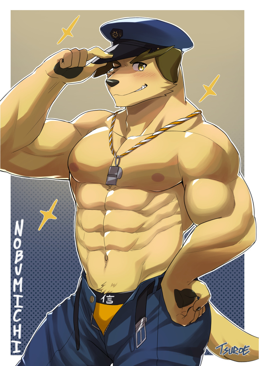 1boy abs absurdres animal_ears artist_name bara belt blush dog_boy dog_ears dog_tail english_commentary fangs furry furry_male halftone halftone_background hat hat_tip highres inukai_genpachi_nobumichi looking_at_viewer male_focus male_underwear one_eye_closed open_belt open_fly partially_unzipped pawpads pectorals police_hat smile sparkle tail tokyo_afterschool_summoners topless_male tsuroe underwear whistle whistle_around_neck yellow_eyes yellow_male_underwear