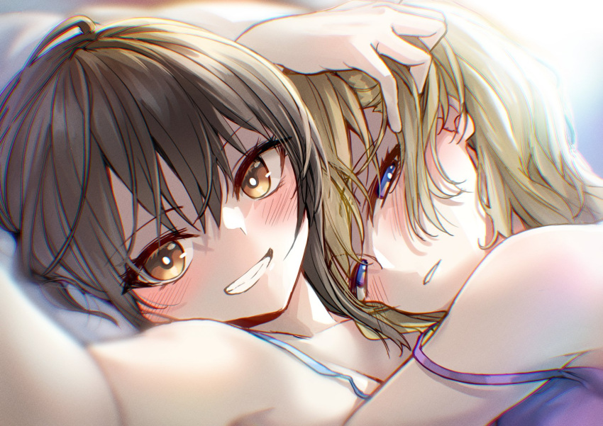 2girls blonde_hair blue_camisole blue_eyes blush brown_eyes brown_hair camisole grin highres hug kinese_(katasutorohu) looking_at_viewer maribel_hearn multiple_girls off_shoulder purple_camisole reaching reaching_towards_viewer selfie short_hair smile spaghetti_strap touhou usami_renko yuri