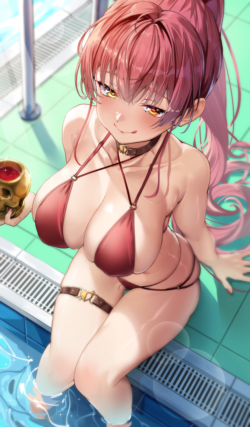 1girl absurdres alternate_costume bikini black_collar blush breasts cleavage closed_mouth collar collarbone commentary criss-cross_halter cup dokuro-kun_(houshou_marine) feet_out_of_frame from_above hair_intakes halterneck heart_o-ring heterochromia highres holding holding_cup hololive houshou_marine large_breasts lens_flare licking_lips long_hair looking_at_viewer multi-strapped_bikini nail_polish ponytail pool poolside raag_jp red_bikini red_eyes red_hair red_nails sitting skindentation skull_cup smile soaking_feet solo string_bikini swimsuit thigh_gap thigh_strap tile_floor tiles tongue tongue_out virtual_youtuber yellow_eyes