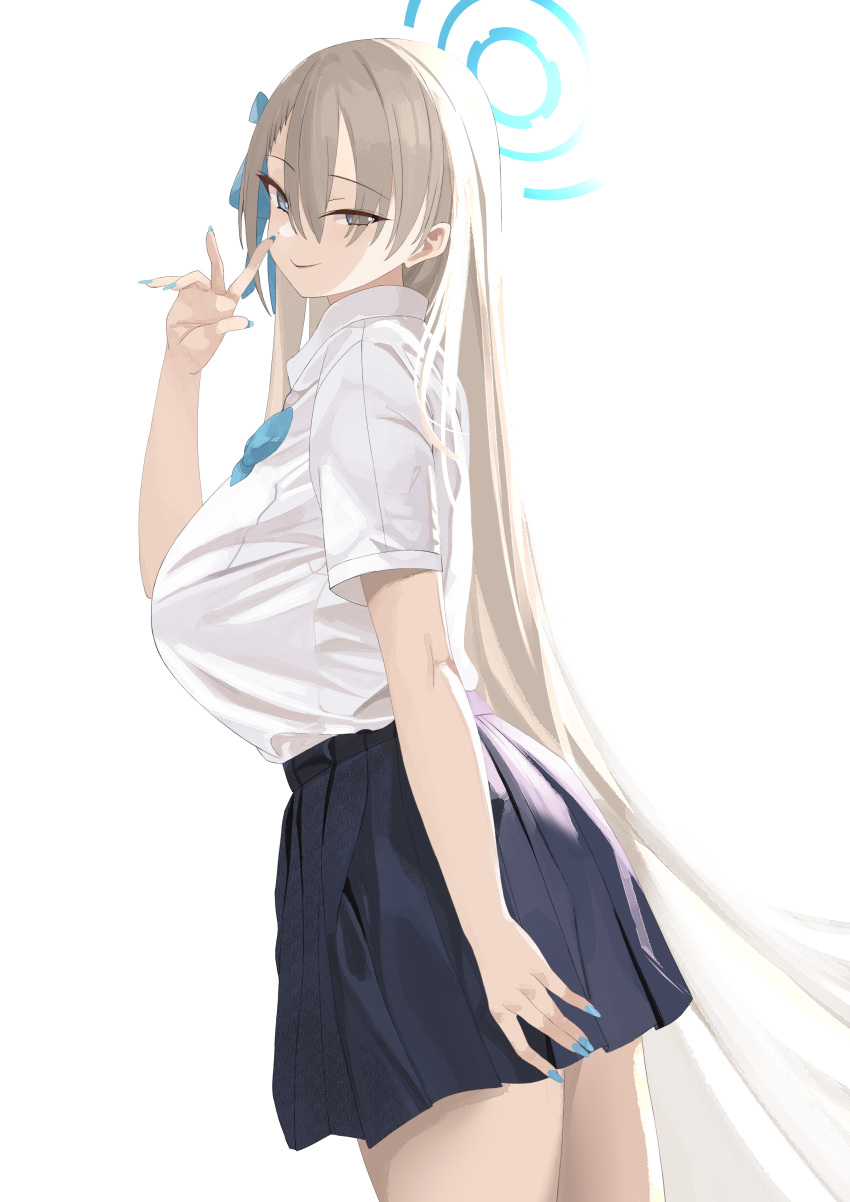 1girl absurdres asuna_(blue_archive) black_skirt blue_archive blue_eyes closed_mouth from_side grey_hair hair_ornament halo hand_up highres long_hair looking_at_viewer looking_to_the_side shirt shirt_tucked_in short_sleeves simple_background skirt smile solo thighs tnr_(horiko1525) white_background white_shirt