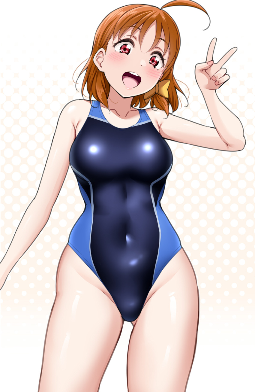 1girl :o ass_visible_through_thighs blush bow breasts collarbone competition_swimsuit cowlick from_below hair_bow highres love_live! love_live!_sunshine!! medium_breasts medium_hair one-piece_swimsuit open_mouth orange_hair parted_bangs polka_dot polka_dot_background red_eyes sleeveless smile solo swimsuit takami_chika teeth upper_teeth_only v yellow_bow yopparai_oni
