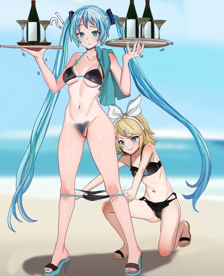 !? 2girls aqua_hair aqua_nails aruman assisted_exposure beach bikini bikini_pull black_bikini blonde_hair blue_eyes blue_sky blurry blurry_background bottle bow breasts censored clothes_pull cloud cocktail_glass colored_shoe_soles commentary cup drinking_glass female_pubic_hair full_body grin hair_bow hair_ornament hairband hairclip hands_up hatsune_miku high_heels highres holding holding_tray horizon kagamine_rin large_breasts long_hair looking_down mosaic_censoring multiple_girls navel ocean on_one_knee outdoors paid_reward_available pubic_hair pulled_by_another pussy raised_eyebrow sandals sky small_breasts smile standing swept_bangs swimsuit towel_on_one_shoulder tray trembling twintails variant_set very_long_hair vocaloid white_bow white_hairband wine_bottle