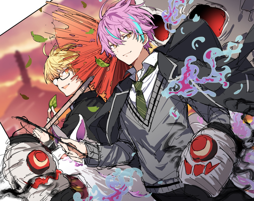 2boys absurdres black_jacket blonde_hair blue_hair closed_mouth collared_shirt fire glasses green_necktie grey_sweater highres hoshi-toge ichigo_ichie_na_hyakki_yagyou!?_(project_sekai) jacket jacket_on_shoulders kamishiro_rui lantern looking_at_viewer multicolored_hair multiple_boys necktie oil-paper_umbrella open_mouth paper_lantern project_sekai purple_fire purple_hair shirt smile streaked_hair sweater tenma_tsukasa umbrella white_shirt yellow_eyes