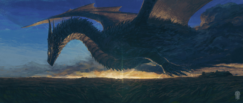 claws cloud dragon dragon_wings evening fantasy highres horizon monster no_humans original outdoors scales scenery sky sun sunset taiyakiki-5687 western_dragon wings