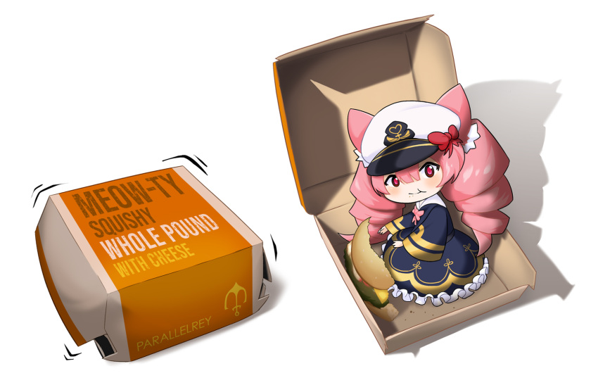 1girl animal_ears artist_name azur_lane box burger cat_ears chewing chibi dress drill_hair eating food hair_between_eyes hat highres in_container long_sleeves looking_at_viewer meowfficer_(azur_lane) minigirl parallelrey peaked_cap pink_eyes pink_hair pound_(azur_lane) shadow simple_background twin_drills white_background white_headwear