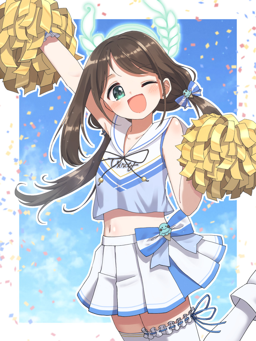 1girl :d ;d absurdres airi_(blue_archive) alternate_costume arm_up asymmetrical_legwear bare_arms bare_shoulders blue_archive blue_background blush bow breasts brown_hair cheerleader commentary_request confetti cropped_shirt food-themed_hair_ornament green_eyes green_halo hair_ornament halo hand_up highres holding holding_pom_poms ice_cream_hair_ornament long_hair looking_at_viewer low_twintails midriff miniskirt mismatched_legwear navel one_eye_closed open_mouth pleated_skirt pom_pom_(cheerleading) sailor_collar sailor_shirt shirt skirt sleeveless sleeveless_shirt small_breasts smile solo thighhighs twintails unadon_(unadoom) white_sailor_collar white_skirt white_thighhighs