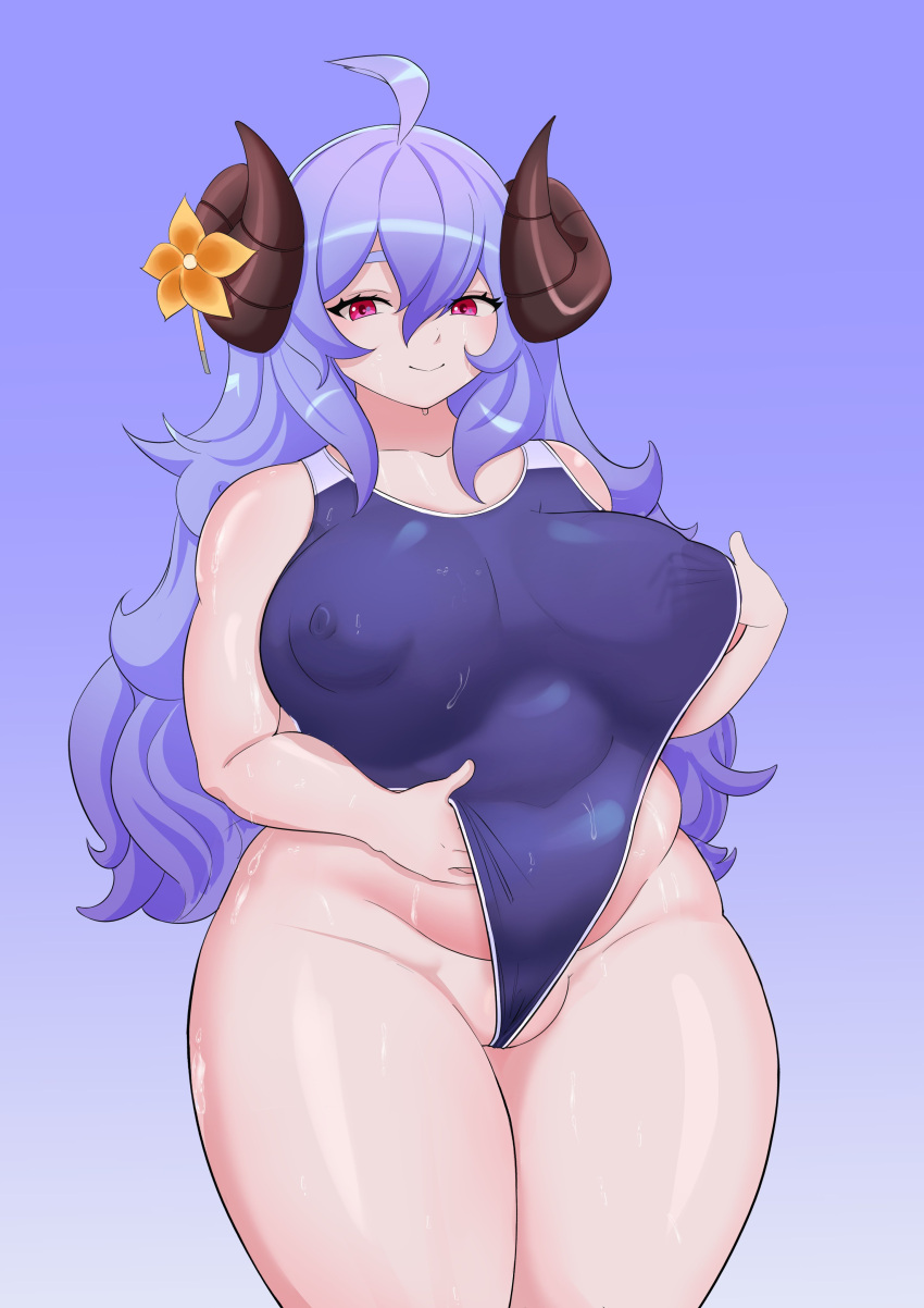 1girl absurdres ahoge blue_hair breasts commission competition_swimsuit covered_nipples curled_horns flower hair_between_eyes hair_flower hair_ornament hand_on_own_chest hand_under_clothes hand_under_swimsuit highres horn_flower horns keisar51nsfw kindred_(league_of_legends) lamb_(league_of_legends) large_breasts league_of_legends long_hair long_sleeves looking_at_viewer no_panties official_alternate_hairstyle one-piece_swimsuit plump spirit_blossom_(league_of_legends) spirit_blossom_kindred swimsuit thick_thighs thighs wet wet_clothes wet_swimsuit