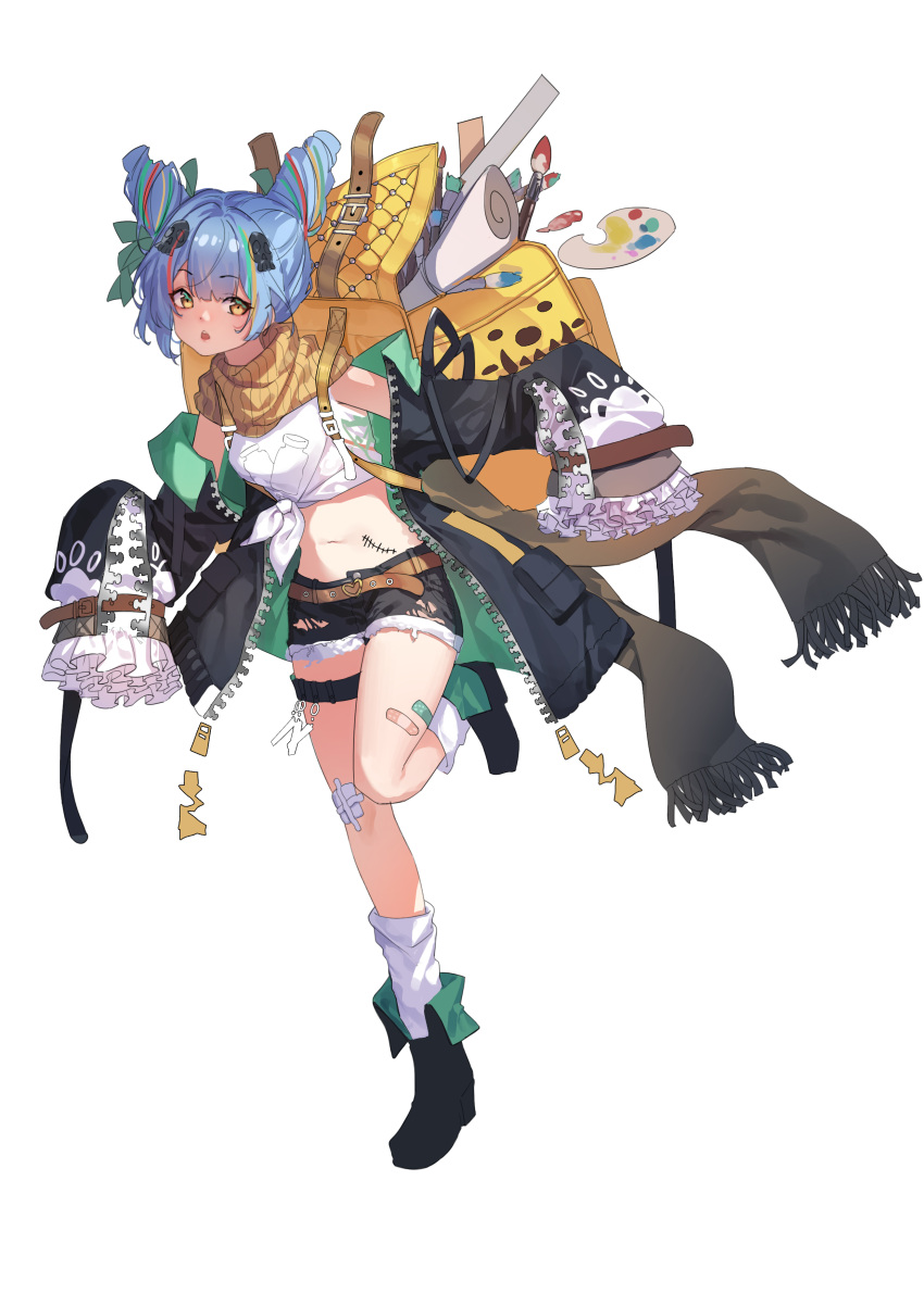 1girl :o absurdres ankle_boots backpack bag bandaid bandaid_on_leg belt black_footwear black_jacket black_shorts blue_hair boots breasts brown_belt crop_top de_yi double_bun frilled_sleeves frills full_body hair_bun hair_ornament highres jacket leather_belt long_sleeves looking_at_viewer medium_breasts midriff multicolored_hair navel off_shoulder open_clothes open_jacket open_mouth original paintbrush palette_(object) running scarf short_shorts shorts simple_background skull_hair_ornament sleeves_past_fingers sleeves_past_wrists socks solo stomach streaked_hair tank_top thigh_strap thighs torn_clothes transparent_background white_socks white_tank_top yellow_bag yellow_eyes yellow_scarf