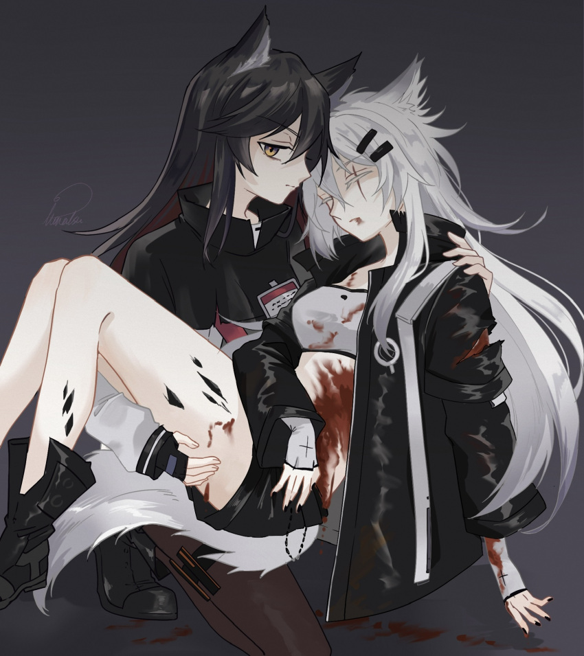 2girls animal_ear_fluff animal_ears arknights arm_rest artist_name bandeau bare_legs black_capelet black_footwear black_gloves black_hair black_jacket black_nails black_outline black_shorts bleeding blood blood_on_arm blood_on_chest blood_on_clothes blood_on_ground blood_on_hands blood_on_leg blood_on_mouth boots breasts brown_pantyhose capelet carrying carrying_person closed_eyes closed_mouth collared_capelet collared_jacket colored_inner_hair commentary_request expressionless facing_another fingerless_gloves fingernails foot_out_of_frame from_side full_body gloves grey_background grey_hair hair_between_eyes hair_ornament hairclip hand_on_another's_leg hand_on_another's_shoulder hand_on_another's_thigh hands_up head_rest heel_up high_collar highres injury invisible_floor itonatsu jacket kneeling lappland_(arknights) layered_sleeves long_hair long_sleeves looking_at_viewer looking_to_the_side medium_breasts messy_hair multicolored_hair multiple_girls nail_polish on_one_knee open_clothes open_jacket oripathy_lesion_(arknights) outline pale_skin pantyhose princess_carry profile red_hair scar scar_across_eye scar_on_face shadow short_over_long_sleeves short_shorts short_sleeves shorts sidelocks sideways_glance signature simple_background tail texas_(arknights) thigh_strap thighs torn torn_clothes torn_sleeve two-tone_hair unconscious white_bandeau white_gloves white_jacket wide_sleeves wolf_ears wolf_girl wolf_tail yellow_eyes