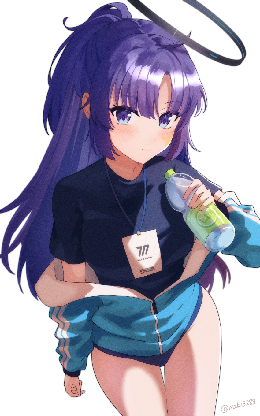 1girl absurdres black_shirt blue_archive blue_buruma blue_eyes blue_jacket bottle buruma closed_mouth collared_shirt commentary_request gym_uniform halo highres holding holding_bottle id_card jacket jacket_partially_removed kiki_(kiki_3288) lanyard looking_at_viewer mechanical_halo official_alternate_costume parted_hair partially_unzipped plastic_bottle ponytail purple_eyes purple_hair shirt simple_background solo star_(symbol) sticker_on_face t-shirt track_jacket twitter_username water_bottle white_background yuuka_(blue_archive) yuuka_(track)_(blue_archive)