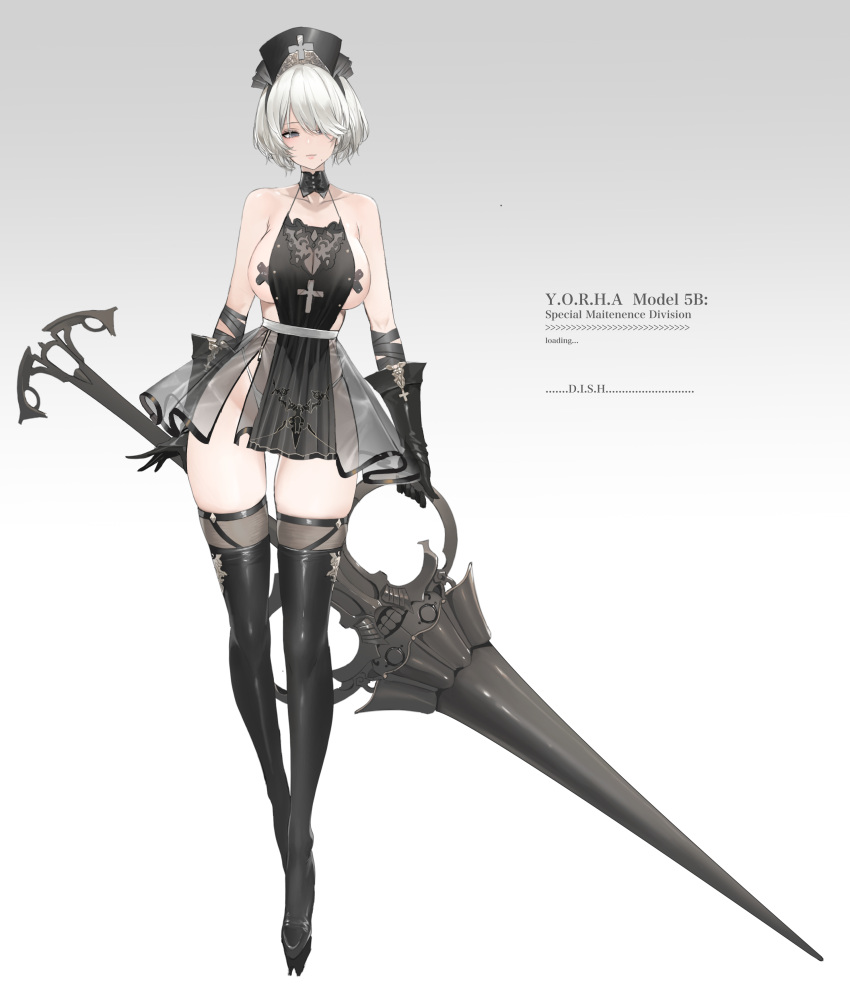 1girl 2b_(nier:automata) absurdres bare_shoulders black_dress black_gloves black_headwear blue_eyes boots breasts collarbone dishwasher1910 dress elbow_gloves full_body gloves hair_over_one_eye hat highres large_breasts long_legs looking_at_viewer nier:automata nier_(series) pasties short_dress short_hair sideboob solo swept_bangs thigh_boots weapon white_hair