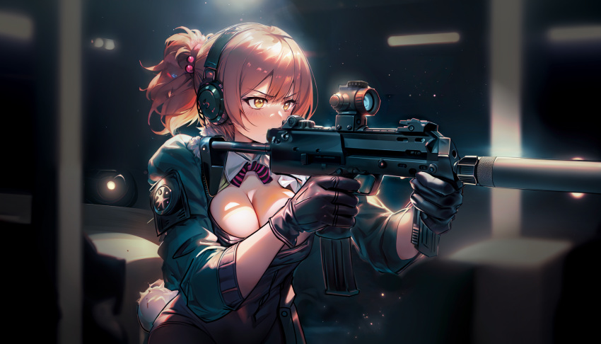 1girl adapted_costume blush breasts cleavage detached_collar girls'_frontline gloves gun h&amp;k_mp7 highres medium_breasts medium_hair mp7_(girls'_frontline) pantyhose playboy_bunny ponytail rabbit_tail red_hair solo submachine_gun suppressor tail takemorikohoto weapon yellow_eyes