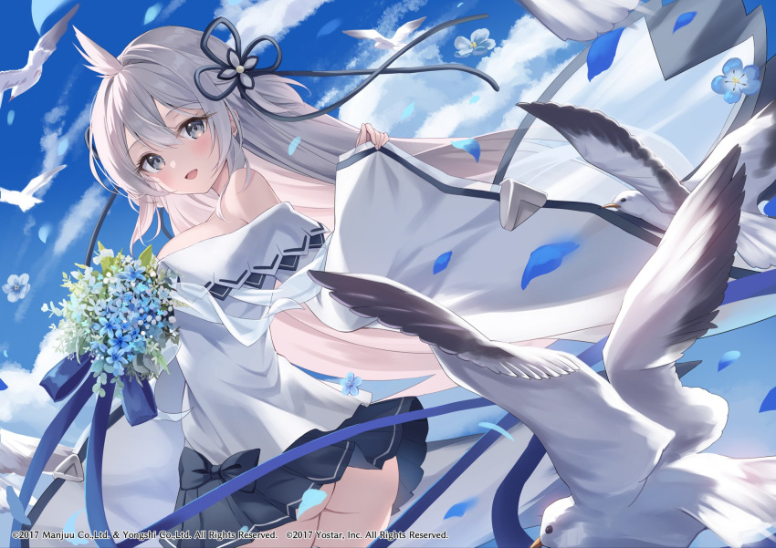 1girl ahoge ass azur_lane bare_shoulders bird black_bow black_ribbon black_skirt blue_sky bouquet bow bow_skirt cloud cloudy_sky floating_hair grey_eyes grey_hair hair_ribbon highres kure~pu long_hair long_sleeves looking_at_viewer official_art open_mouth pigeon ribbon shirt skirt sky smile solo umikaze_(azur_lane) very_long_hair white_shirt wide_sleeves