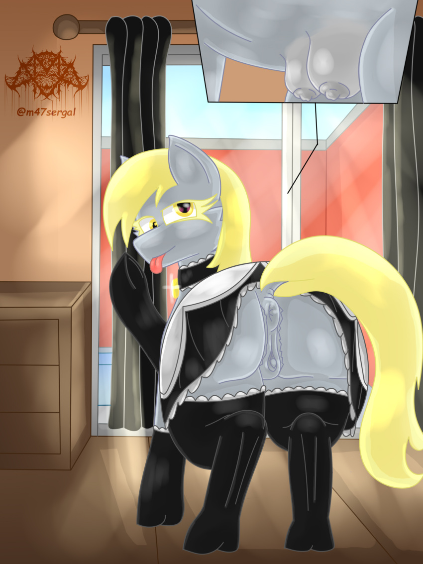 3:4 animal_genitalia animal_pussy anthro breasts clothing derpy_hooves_(mlp) equid equine equine_genitalia equine_pussy female feral friendship_is_magic genitals hasbro hi_res horse m-47 maid_uniform mammal my_little_pony pony pussy solo uniform