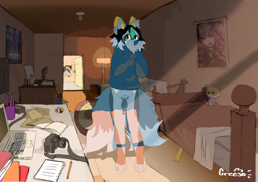 absurd_res anthro bento_(unboxedbento) big_penis canid canine caught_off_guard detailed_background fox genitals hi_res humanoid male male_focus mammal ohgaryboi penis ribbongurl shaded shy skinny_anthro skinny_male solo solo_focus