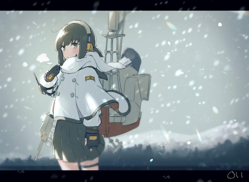 1girl adapted_costume artist_logo black_eyes black_gloves black_hair black_skirt capelet earmuffs fingerless_gloves fubuki_(kancolle) fubuki_kai_ni_(kancolle) gloves grey_sky highres kantai_collection low_ponytail ma_rukan medium_hair mountain outdoors ponytail scarf short_ponytail sidelocks skirt sky snow solo white_capelet