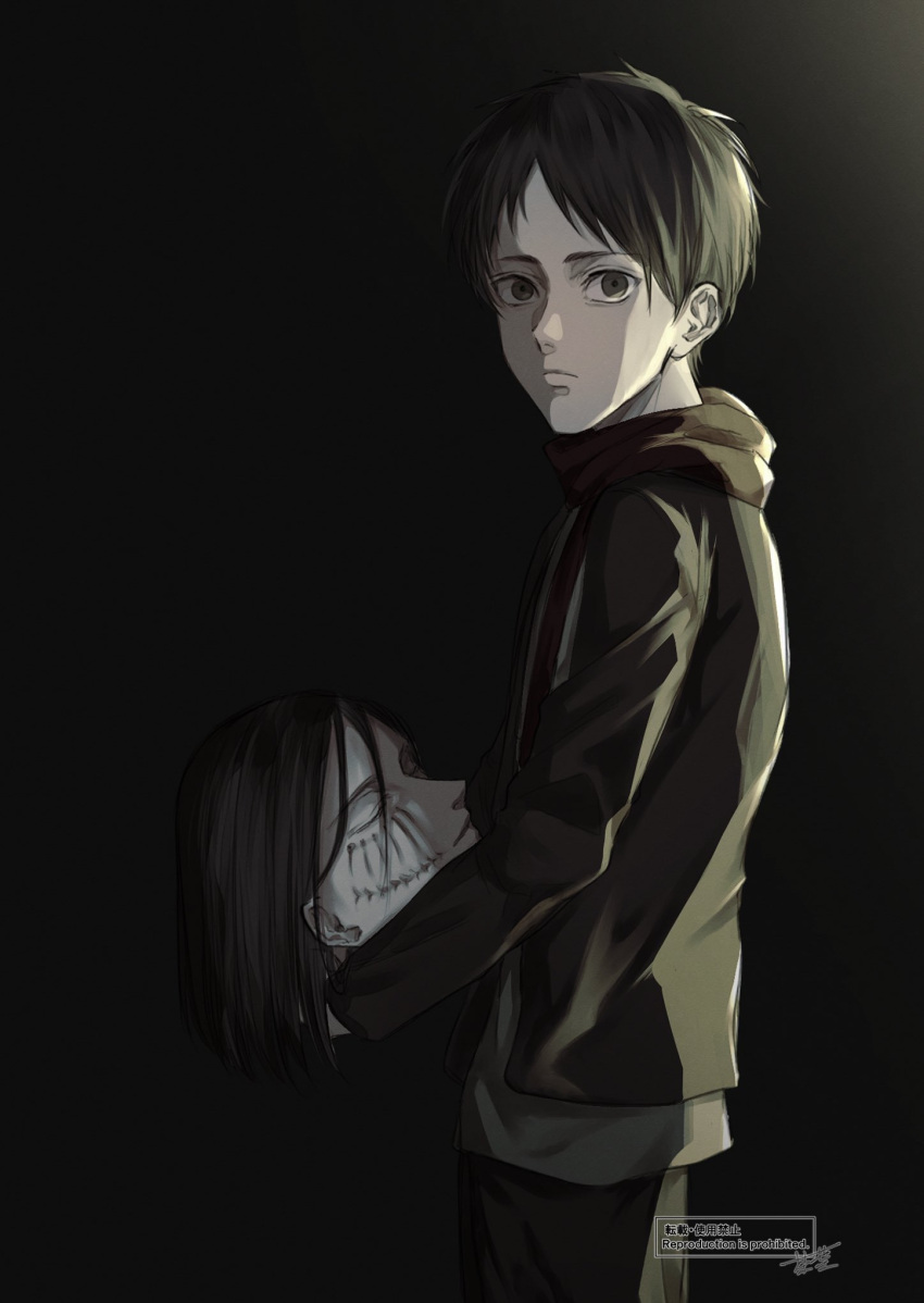 2boys age_comparison black_hair closed_eyes disembodied_head empty_eyes eren_yeager expressionless facial_mark feet_out_of_frame highres holding_head long_sleeves looking_at_viewer male_focus multiple_boys shingeki_no_kyojin short_hair sngk_ej0506 spine_eren standing