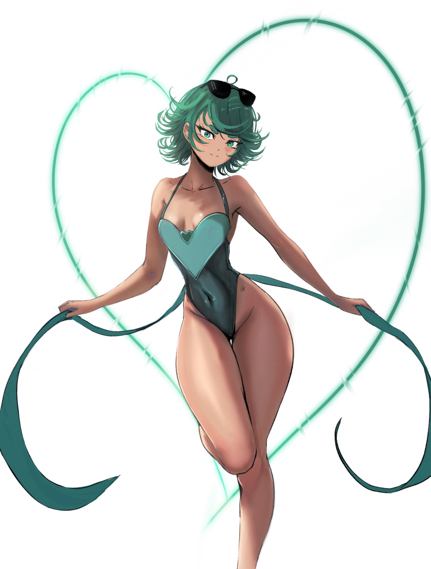 1girl absurdres breasts breasts_apart closed_mouth collarbone competition_swimsuit curly_hair eyewear_on_head feet_out_of_frame green_eyes green_hair green_one-piece_swimsuit halterneck hehevich highleg highleg_swimsuit highres long_legs looking_at_viewer one-piece_swimsuit one-punch_man simple_background small_breasts solo standing standing_on_one_leg sunglasses swimsuit tatsumaki thick_thighs thighs white_background