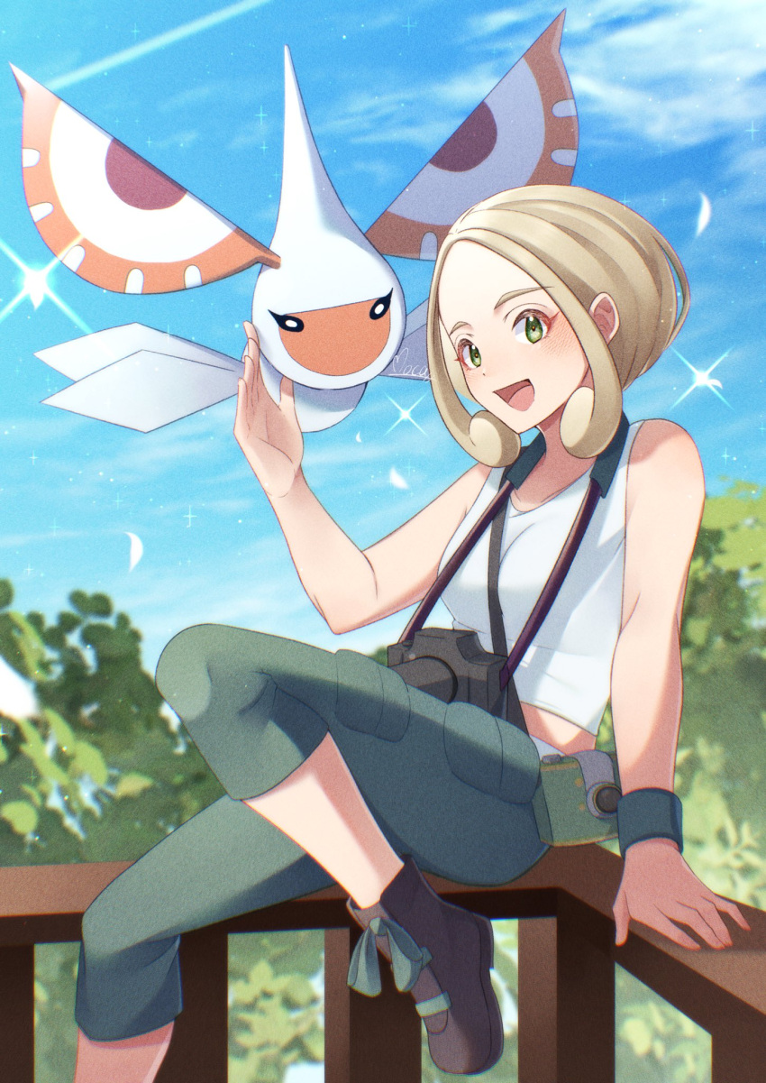 1girl :d arm_support blonde_hair blurry boots breasts camera capri_pants cloud commentary_request day green_eyes green_pants green_wristband hand_up highres masquerain mocacoffee_1001 open_mouth outdoors pants pokemon pokemon_(creature) pokemon_(game) pokemon_xy shirt sidelocks sitting sky sleeveless sleeveless_shirt smile sparkle tongue viola_(pokemon) white_shirt