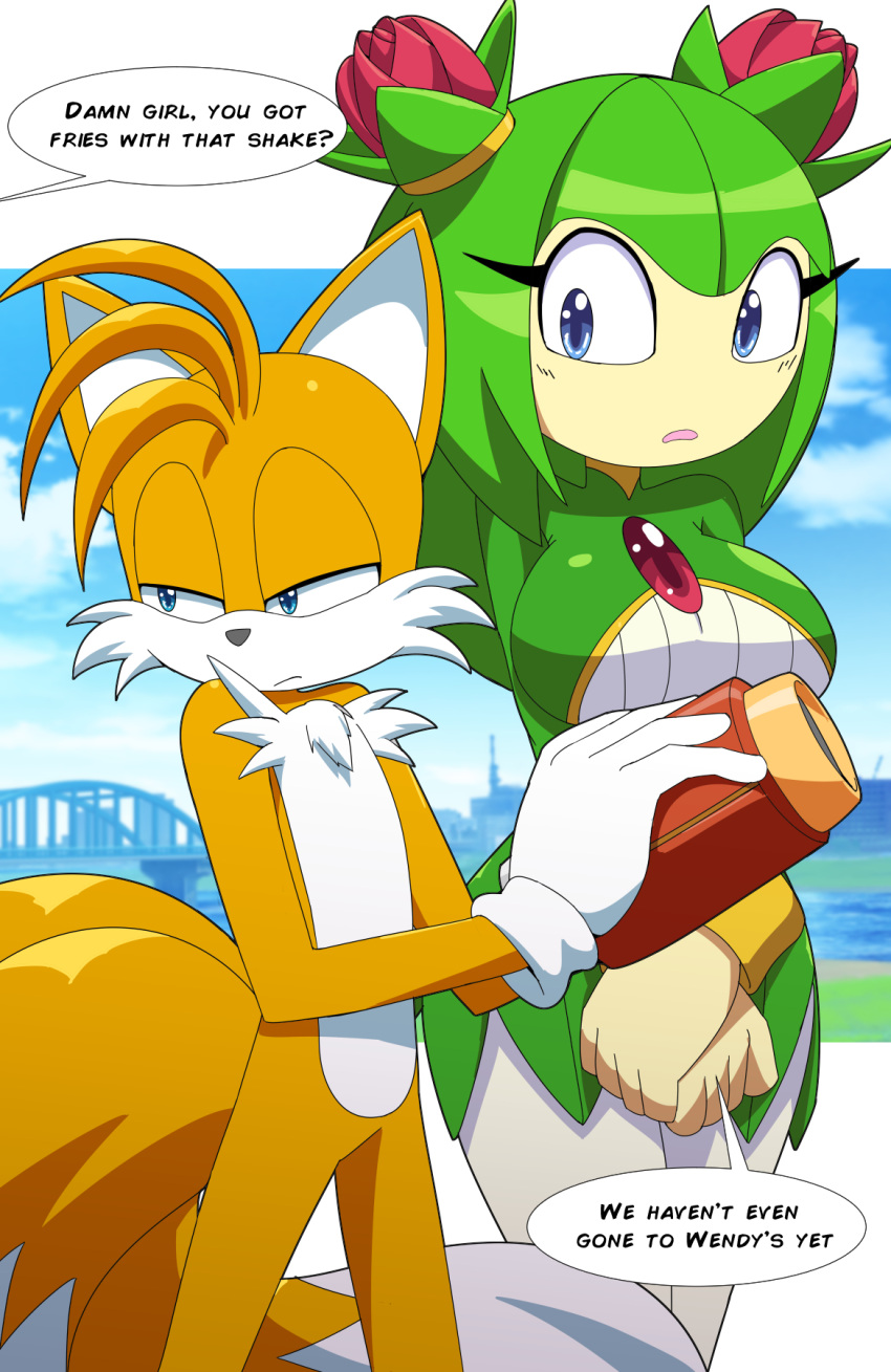 anthro big_breasts blaster blush breasts canid canine cosmo_the_seedrian dialogue duo elemental_creature english_text female flora_fauna fox hi_res humanoid kojiro-brushard looking_offscreen male mammal miles_prower narrowed_eyes offscreen_character plant seedrian sega sonic_the_hedgehog_(series) sonic_x text