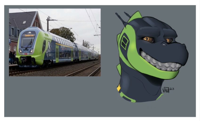 2023 black_body black_sclera bombardier bombardier_twindexx_vario border clenched_teeth deutsche_bahn digital_drawing_(artwork) digital_media_(artwork) dorsal_ridge dragon electric_locomotive forced_smile german germany green_body green_markings grey_background grey_teeth headshot_portrait hi_res how_to_dragon_your_train hybrid living_machine living_train living_vehicle locomorph locomotive looking_at_viewer machine male markings meme multicolored_body orange_eyes pantograph photo portrait reference_image reptile scalie signature simple_background sketchingvalu smile solo teeth train two_tone_body vehicle white_border yellow_markings