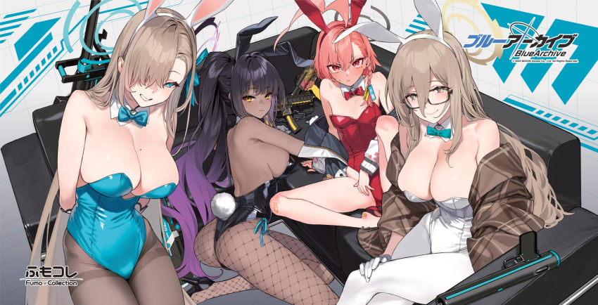 4girls 7meill 92m ahoge akane_(blue_archive) akane_(bunny)_(blue_archive) animal_ears ass asuna_(blue_archive) asuna_(bunny)_(blue_archive) asymmetrical_bangs bare_shoulders black-framed_eyewear black_hair black_leotard blue_archive blue_bow blue_bowtie blue_leotard blue_ribbon blush bow bowtie boys_anti_tank_rifle braid breast_hold breasts brown_eyes brown_hair brown_pantyhose cleavage closed_mouth collaboration commentary cowboy_shot dark-skinned_female dark_skin detached_collar fake_animal_ears fishnet_pantyhose fishnets glasses gloves gun hair_between_eyes hair_over_one_eye hair_over_shoulder hair_ribbon halo handgun highleg highleg_leotard highres huge_ahoge jacket karin_(blue_archive) karin_(bunny)_(blue_archive) large_breasts leotard long_hair looking_at_viewer mole mole_on_breast mole_under_eye multiple_girls neru_(blue_archive) neru_(bunny)_(blue_archive) official_alternate_costume official_art open_mouth orange_hair oversized_breast_cup pantyhose plaid_shawl playboy_bunny ponytail print_jacket rabbit_ears rabbit_tail red_bow red_bowtie red_eyes red_leotard ribbon shawl sideboob sig_sauer sig_sauer_mpx simple_background single_braid sitting smile standing strapless strapless_leotard submachine_gun sukajan tag tail thighs traditional_bowtie very_dark_skin very_long_hair weapon white_gloves white_leotard white_pantyhose yellow_eyes