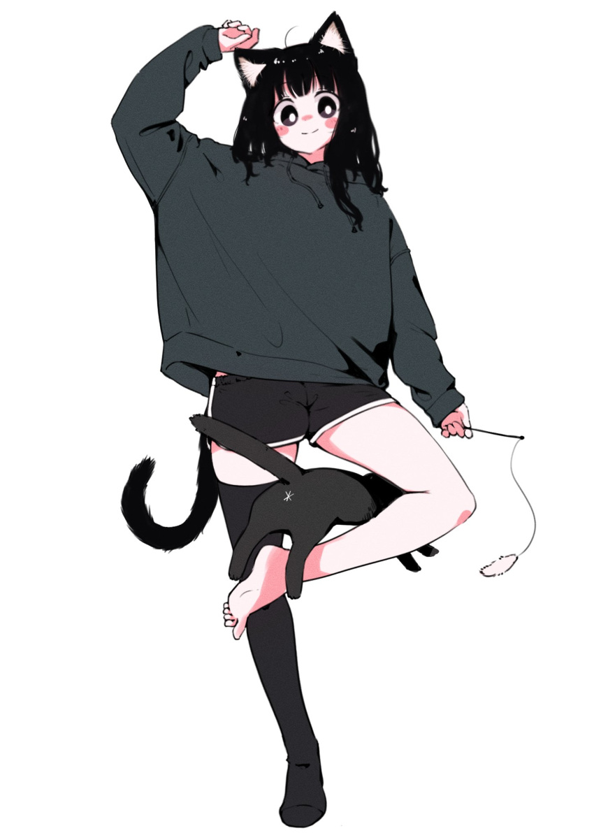 1girl ahoge animal_ear_fluff animal_ears arm_up balancing bare_legs barefoot black_cat black_eyes black_hair black_shorts black_thighhighs blunt_bangs blush blush_stickers cat cat_ears cat_girl cat_tail cat_teaser full_body grey_hoodie highres holding hood hoodie legs looking_at_viewer megateru nose_blush original shorts single_sock smile socks soles solo standing standing_on_one_leg tail thighhighs toes white_background