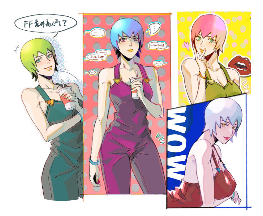 1girl alternate_color blue_eyes blue_hair breasts cleavage closed_mouth cup drinking drinking_straw english_commentary english_text foo_fighters green_hair green_overalls hako_iix07 heart highres holding jojo_no_kimyou_na_bouken large_breasts light_blue_hair lips looking_at_viewer overalls parted_lips pink_eyes red_lips short_hair smile speech_bubble stone_ocean translation_request yellow_eyes yellow_lips