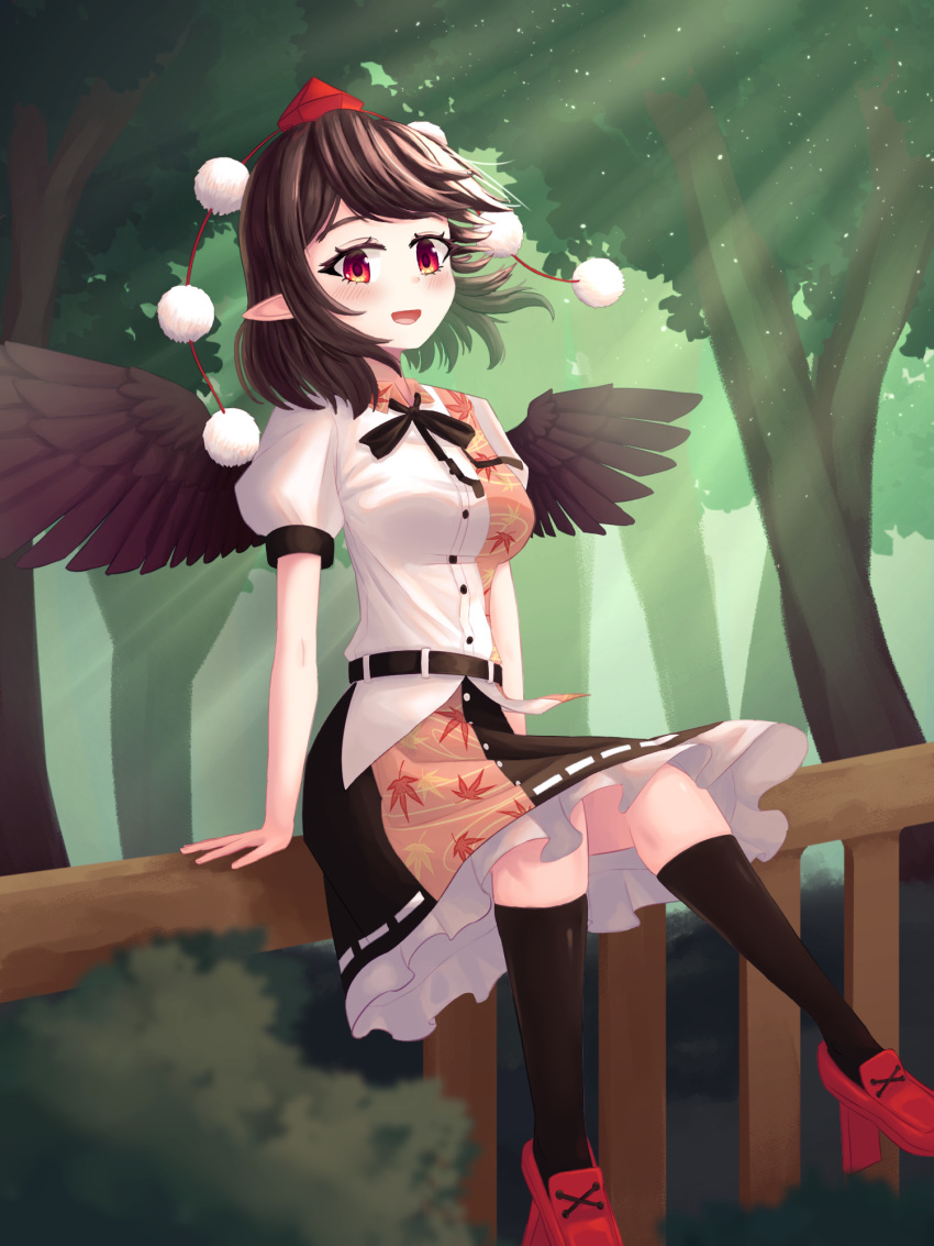 1girl :d bird_wings black_hair black_skirt black_socks black_wings breasts commentary english_commentary forest frilled_skirt frills geta high_heels highres looking_at_viewer medium_breasts nature open_mouth outdoors pom_pom_(clothes) purple_eyes pygrenix red_footwear red_headwear ribbon-trimmed_skirt ribbon_trim shameimaru_aya shirt short_hair short_sleeves sitting skirt smile socks solo tengu-geta touhou white_shirt wings