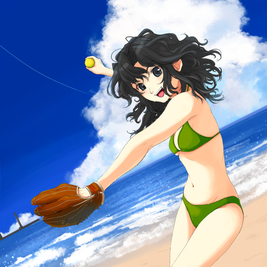 1girl amagami baseball_mitt beach black_eyes black_hair blue_sky breasts cloud day dutch_angle highres horizon irodori-classical looking_at_viewer medium_breasts medium_hair messy_hair ocean open_mouth outdoors parted_bangs sky smile softball solo tanamachi_kaoru teeth upper_teeth_only