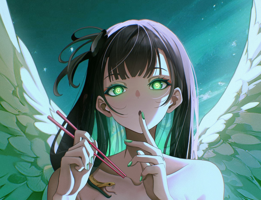 1girl angel_wings bare_arms bare_shoulders black_hair breasts character_request chopsticks cloud copyright_request fader_ec green_eyes green_hair highres long_hair looking_at_viewer multicolored_hair nail_polish sky snake solo two-tone_hair upper_body very_long_hair wings