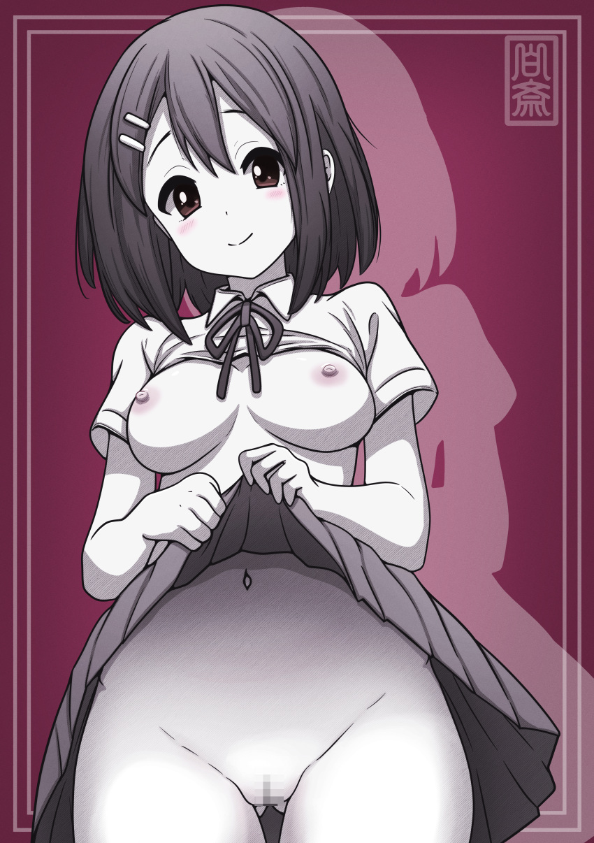 1girl absurdres breasts censored closed_mouth clothes_lift collared_shirt commentary_request cowboy_shot hair_ornament hairclip hakusai_(user_nkkd7242) highres hirasawa_yui k-on! lifted_by_self looking_at_viewer medium_breasts mosaic_censoring navel neck_ribbon nipples no_panties pussy ribbon sakuragaoka_high_school_uniform school_uniform shirt shirt_lift short_hair short_sleeves skirt skirt_lift smile solo standing summer_uniform