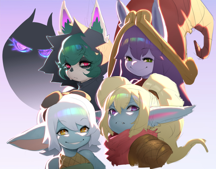 absurd_res amber_eyes armor big_ears blonde_hair blue_body clothed clothing cute_fangs female forastero fully_clothed green_eyes green_hair group hair hat headgear headwear hi_res hood humanoid humanoid_pointy_ears league_of_legends lulu_(lol) poppy_(lol) purple_body purple_eyes purple_hair red_eyes riot_games scarf shadow_creature smile tristana_(lol) vex_(lol) white_hair yordle