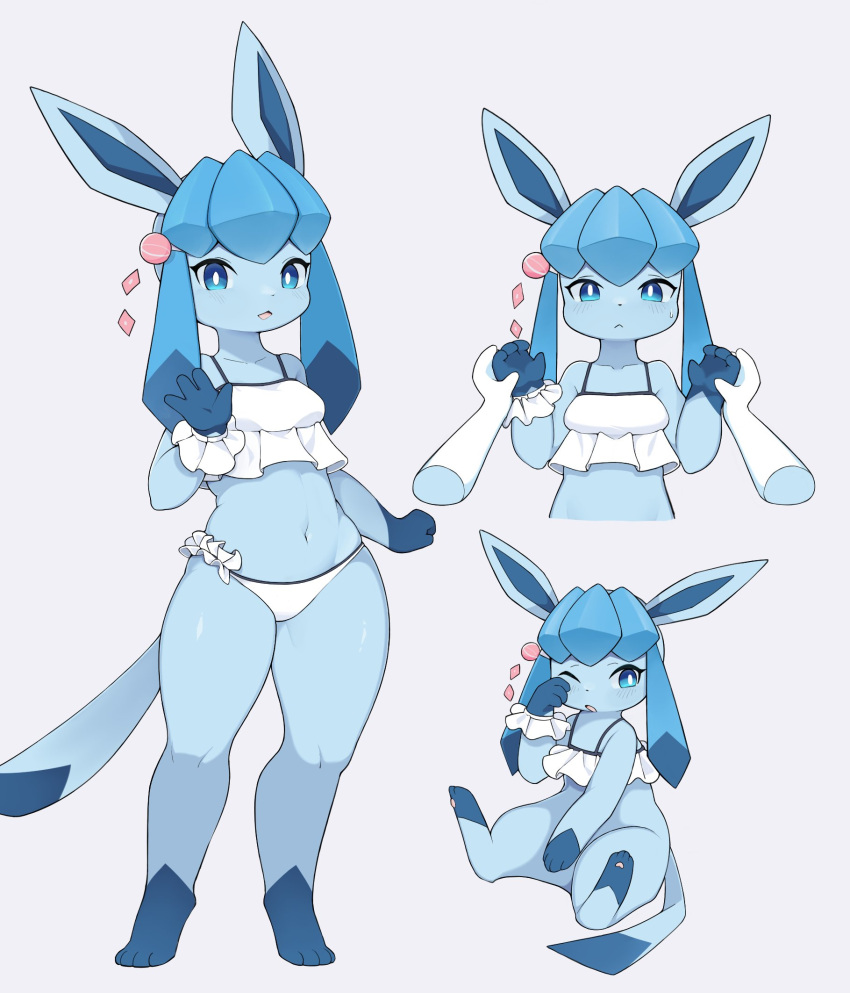 4_fingers 4_toes accessory anthro bangs bikini bikini_top blue_body blue_ears blue_eyes blue_hair blue_skin bodily_fluids breasts clothing collarbone eeveelution eye_rub eyelashes feet female feral fingers first_person_view fist frilly frilly_clothing frilly_underwear generation_4_pokemon glaceon hair hair_accessory hand_holding hi_res liteee navel nintendo open_mouth pokemon pokemon_(species) solo sweat sweatdrop swimwear tail timid toes wave wide_hips