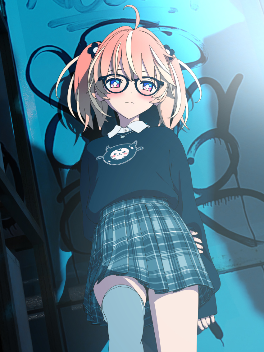 1girl 3d black-framed_eyewear black_sweater blender_(medium) blonde_hair cel_shading flower_hairband glasses highres multicolored_eyes night plaid plaid_skirt rinne_(rinrinne) rinrinne rinrinne39_(artist) sad skirt sweater tagme thighhighs twintails white_thighhighs