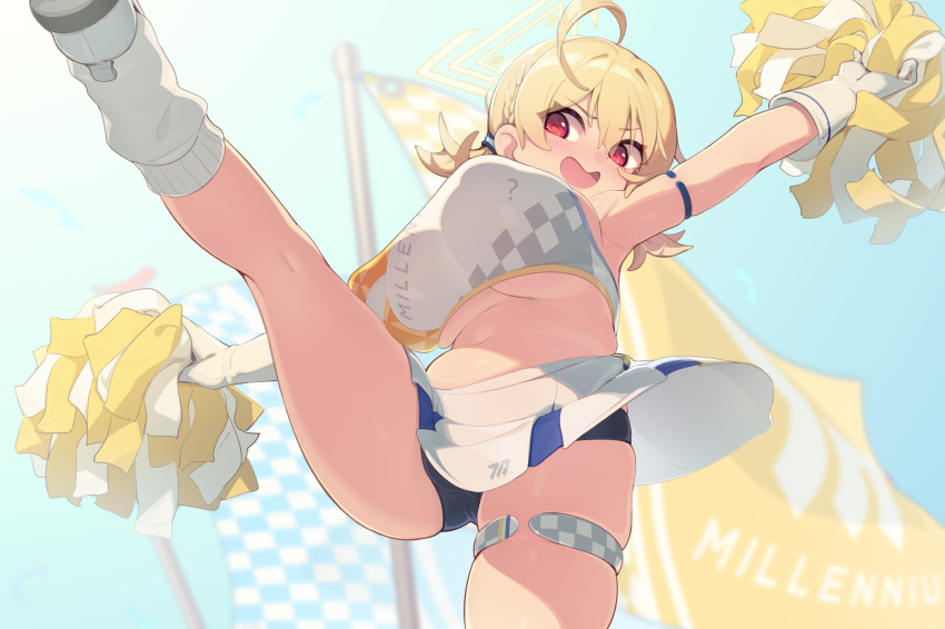 1girl ? ahoge armlet blonde_hair blue_archive blush breasts cheerleader commentary_request halo highres kotori_(blue_archive) kotori_(cheer_squad)_(blue_archive) large_breasts long_hair looking_to_the_side millennium_cheerleader_outfit_(blue_archive) navel open_mouth outstretched_arms plump pom_pom_(cheerleading) red_eyes sgt-jz short_twintails skirt socks solo standing standing_on_one_leg thick_thighs thighlet thighs triangle_halo twintails white_skirt white_socks yellow_halo