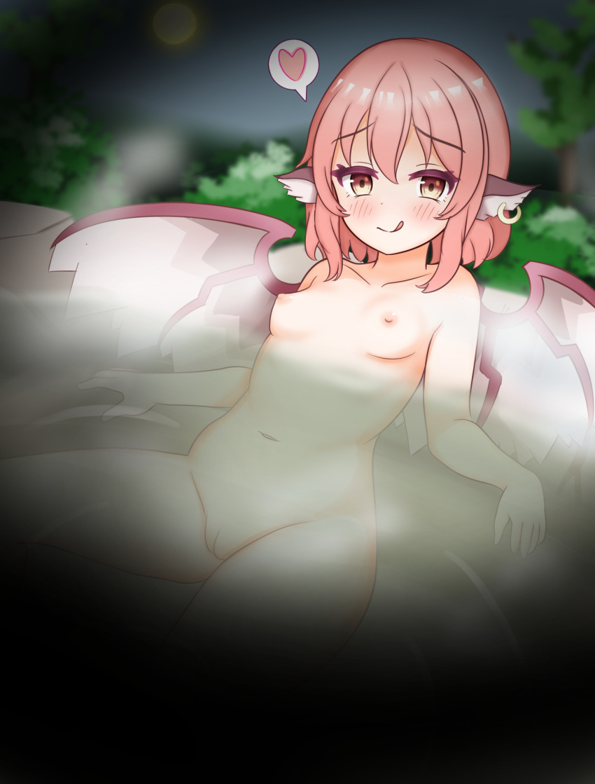 1girl animal_ears bird_ears bird_wings blush breasts closed_mouth collarbone earrings full_moon heart highres jewelry kasoka_soka looking_at_viewer moon mystia_lorelei navel night nipples onsen partially_submerged pink_hair pussy short_hair single_earring small_breasts smile solo spoken_heart tongue tongue_out touhou white_wings wings yellow_eyes