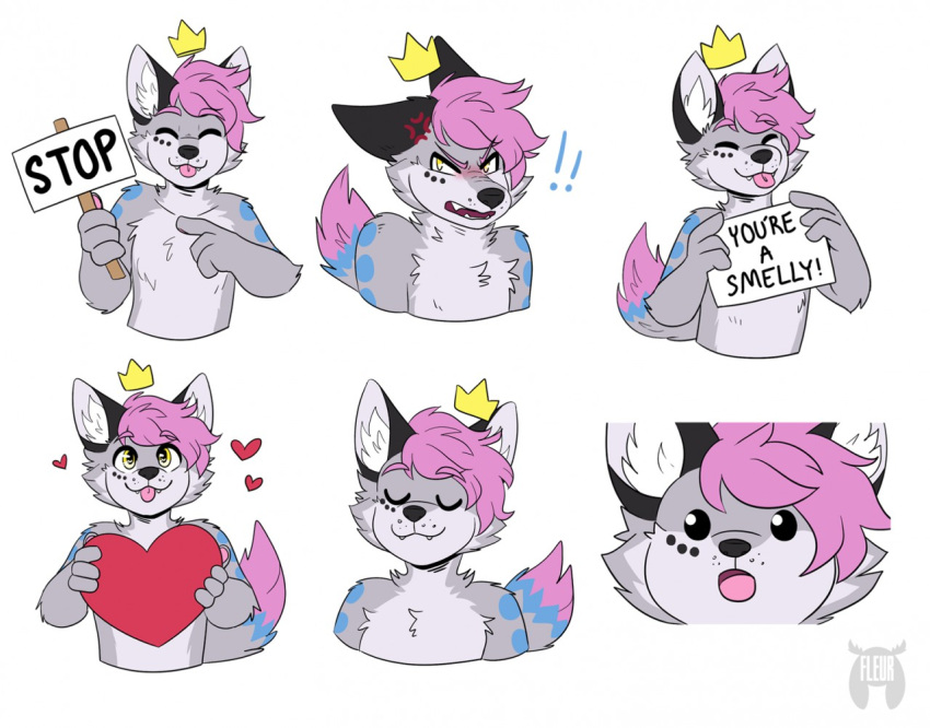 &lt;3 2019 :o angry black_ears black_nose blep blue_body blue_fur blue_tail blush canid canine chest_tuft crown exclamation_point fleur fox fur gesture grey_body grey_fur grey_tail hair headgear inner_ear_fluff kusafox mammal monotone_ears monotone_hair multi_tone_fur multi_tone_tail multiple_images open_mouth pawpads pink_hair pink_pawpads pink_tail pointing simple_background smug solo sticker_pack tail tongue tongue_out tuft watermark white_background white_body white_fur yellow_eyes