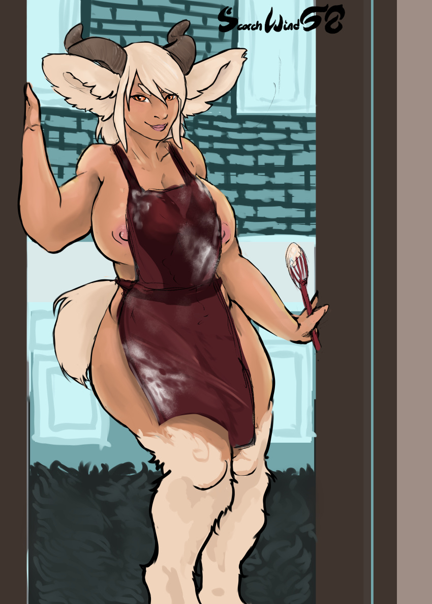 absurd_res apron apron_only baking batter big_breasts bovid breasts caprine clothing cooking doorway female goat hi_res horn humanoid kitchen mammal mature_female pinup pose satyr scorchwind58 solo thick_thighs