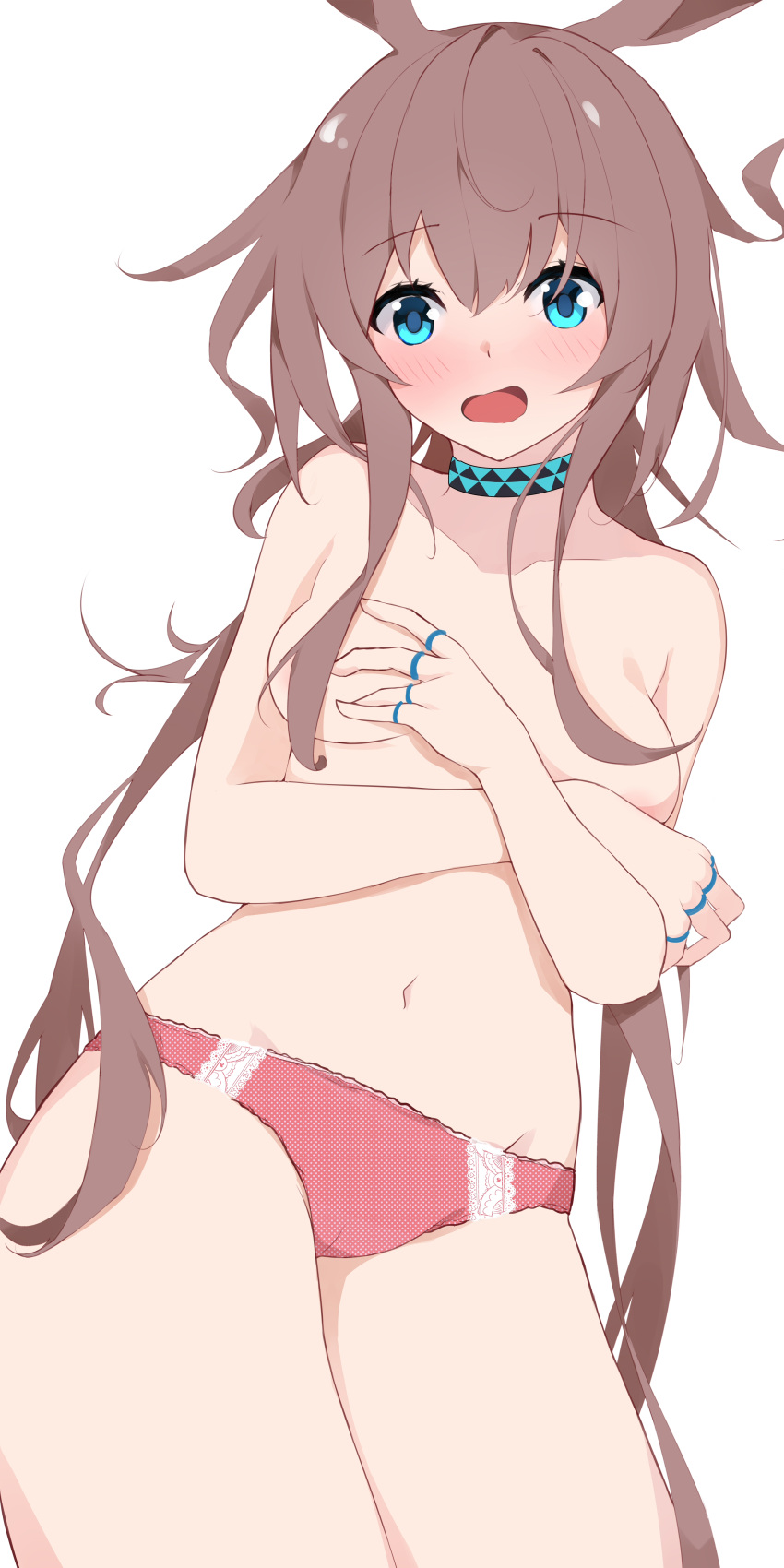 1girl absurdres amiya_(arknights) animal_ears arknights blue_eyes breasts brown_hair choker collarbone commentary_request covering covering_breasts cowboy_shot highres infection_monitor_(arknights) kotoha_(kotoha65) long_hair looking_at_viewer navel open_mouth panties partial_commentary pink_panties rabbit_ears simple_background small_breasts solo standing stomach topless underwear very_long_hair white_background