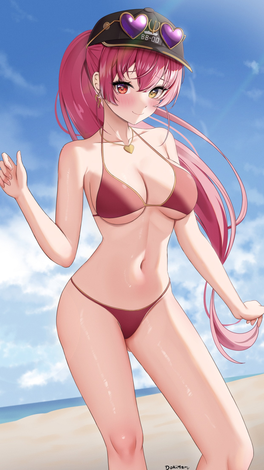 1girl artist_name bare_arms bare_shoulders bikini black_headwear blush breasts closed_mouth collarbone commission dokimaru earrings eyewear_on_headwear hair_ornament hair_ribbon hand_up hat heart heart-shaped_eyewear heart_necklace heterochromia highres hololive houshou_marine houshou_marine_(4th_costume) jewelry large_breasts looking_at_viewer medium_hair navel necklace ponytail red_bikini red_eyes red_hair red_ribbon ribbon second-party_source smile stomach sunglasses swimsuit thighs underboob virtual_youtuber yellow_eyes