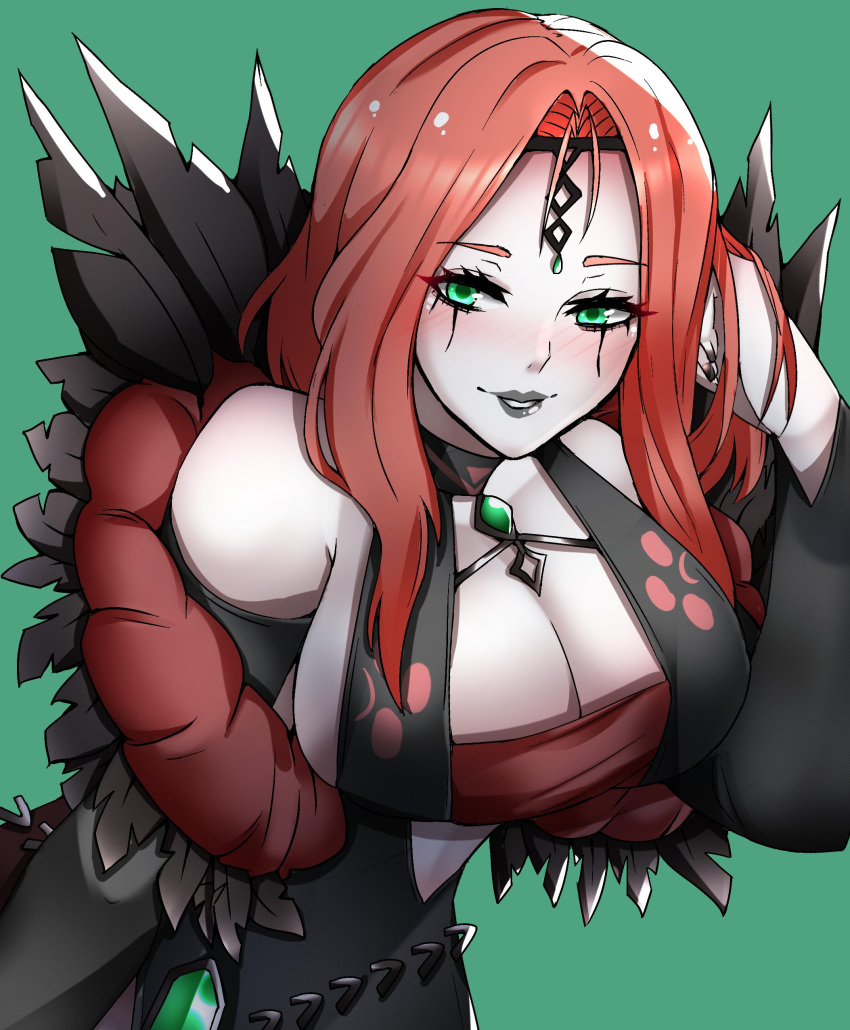 1340smile absurdres agarthan alternate_costume bare_shoulders breasts cleavage_cutout cleobulus_(fire_emblem) clothing_cutout cornelia_arnim facial_tattoo feathers fire_emblem fire_emblem:_three_houses fire_emblem_heroes fire_emblem_warriors:_three_hopes green_eyes highres jewelry large_breasts leaning_forward mouse necklace pale_skin pearl_necklace red_hair smirk tattoo teeth