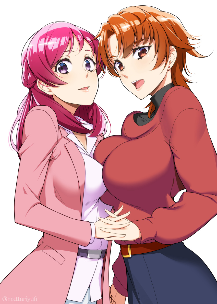 2girls asymmetrical_docking breast_press breasts brown_eyes brown_hair commentary_request from_side highres hirogaru_sky!_precure holding_hands interlocked_fingers jacket kibou_no_chikara_~otona_precure_'23~ large_breasts long_hair long_sleeves looking_at_viewer looking_to_the_side mattari_yufi multiple_girls natsuki_rin open_mouth pink_hair pink_jacket precure purple_eyes red_sweater shirt simple_background sweater twitter_username white_background white_shirt yes!_precure_5 yumehara_nozomi