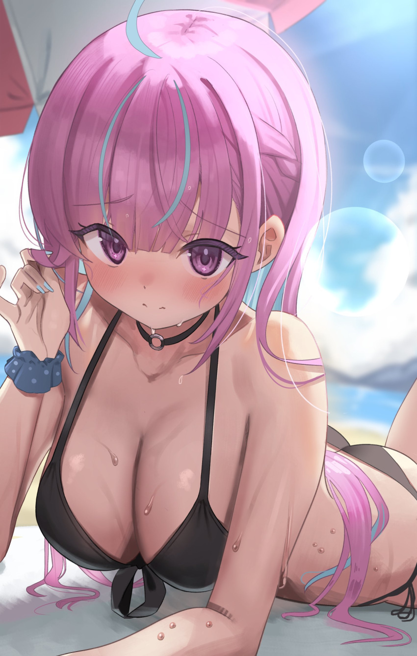 1girl absurdres ahoge ass bikini black_bikini blue_hair blush braid breasts choker cleavage colored_inner_hair front-tie_bikini_top front-tie_top highres hololive large_breasts long_hair looking_at_viewer lying madai_(mappy) minato_aqua multicolored_hair o-ring o-ring_choker on_stomach outdoors pink_hair purple_eyes solo streaked_hair swimsuit two-tone_hair virtual_youtuber wet