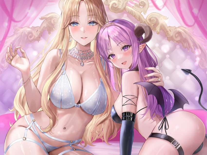 2girls ass bat_wings black_panties blonde_hair bra breasts brown_horns curled_horns demon_girl heart heart_tail highres horns huge_breasts indoors jewelry leather long_hair looking_at_viewer multiple_girls navel original panties pink_nails purple_eyes ring sakamuke sitting tail thigh_strap underwear wedding_ring white_bra white_panties wings