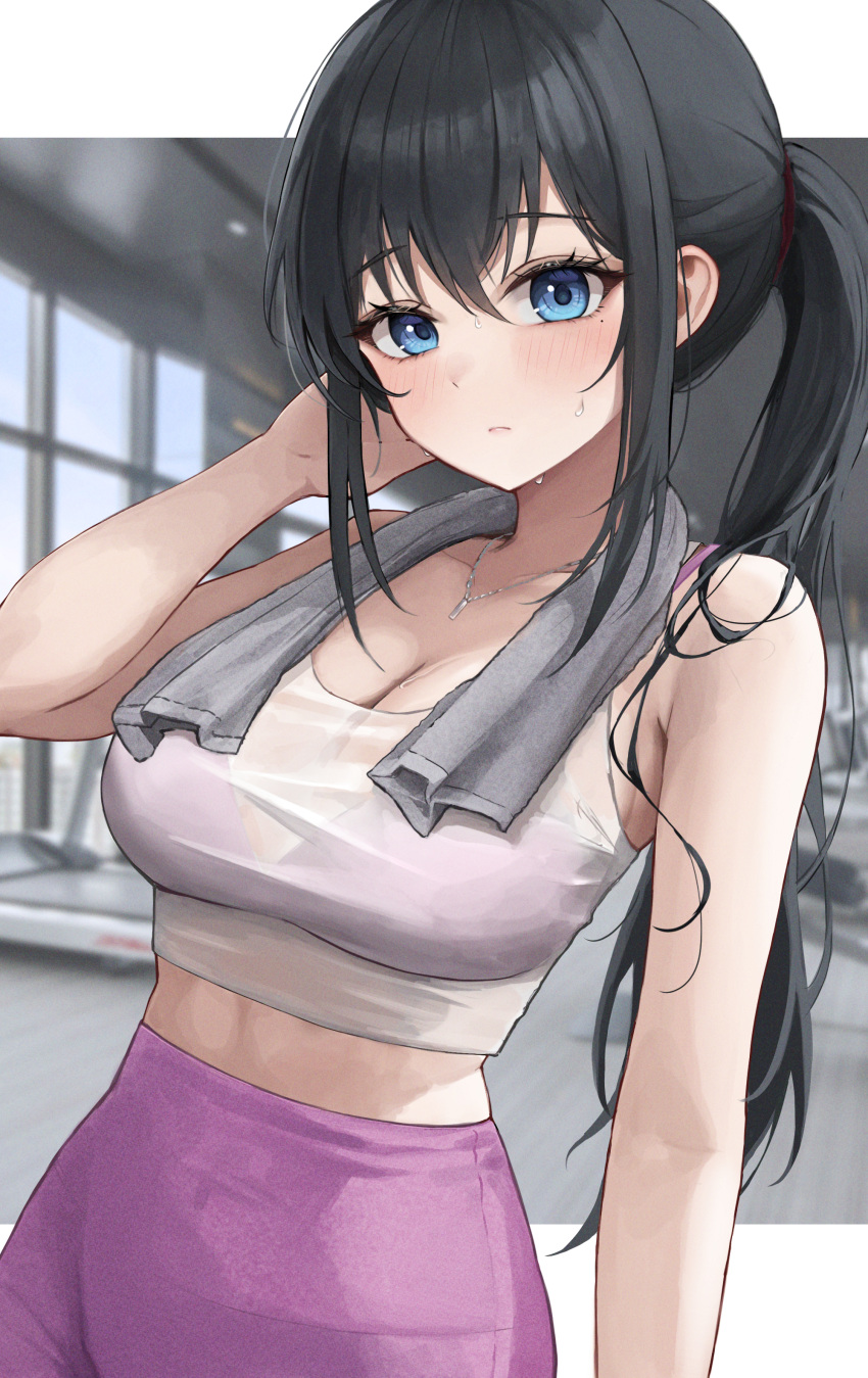 1girl absurdres bare_arms bare_shoulders black_hair blue_eyes bra bra_visible_through_clothes breasts cleavage closed_mouth cowboy_shot crop_top hand_up highres jewelry large_breasts leggings long_hair looking_at_viewer midriff necklace original pink_bra pink_leggings ponytail see-through shirt sidelocks sleeveless sleeveless_shirt solo standing sweat towel towel_around_neck ttusee5 underwear white_shirt