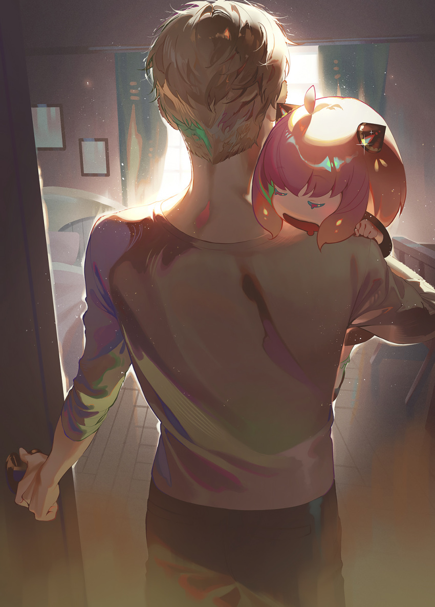 1boy 1girl ahoge anya_(spy_x_family) bed bedroom blonde_hair carrying carrying_over_shoulder carrying_person closed_eyes door drooling fajyobore father_and_daughter from_behind grey_shirt hairpods highres indoors mouth_drool open_mouth opening_door pink_hair shirt short_hair sleeping spy_x_family standing twilight_(spy_x_family)