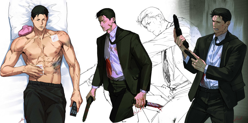 1boy abs absurdres bara black_hair black_pants blood blood_on_clothes blood_on_face cigarette clenched_teeth collared_shirt controller fatcat gun highres holding holding_gun holding_knife holding_remote_control holding_weapon injury jacket knife large_pectorals lying male_focus mito_youhei multiple_views muscular muscular_male navel necktie nipples on_back open_clothes open_jacket pants pectorals remote_control shirt short_hair slam_dunk_(series) teeth topless_male weapon white_shirt