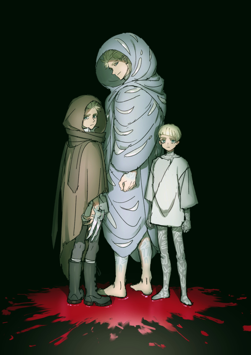 3boys age_progression aged_down arm_at_side arms_at_sides barefoot black_background blood blood_on_ground blood_splatter blue_cloak bodysuit boots brown_cloak child claws cloak closed_mouth diagonal_bangs frown grey_footwear grey_pants highres hood hood_up hooded_cloak knee_boots long_sleeves looking_at_viewer looking_back male_focus millions_knives multiple_boys multiple_persona no_shoes pants profile robe rokuga1 short_hair smile smirk standing trigun trigun_stampede white_robe